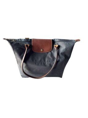 Longchamp Le Pliage Original Large Tote Bag Graphite Grey Brown Leather Handles